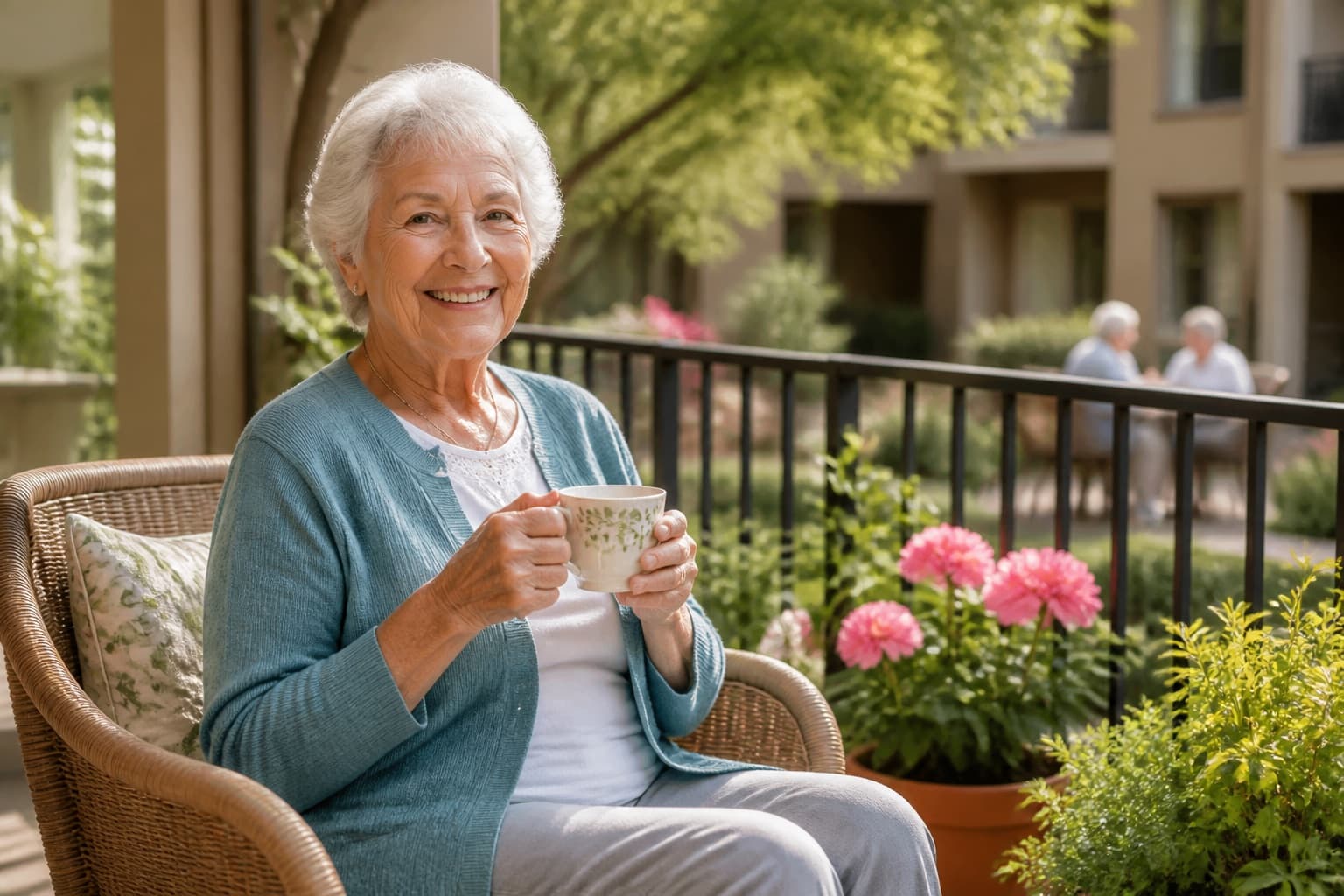 Senior woman smiling on a sunny balcony at her independent living community