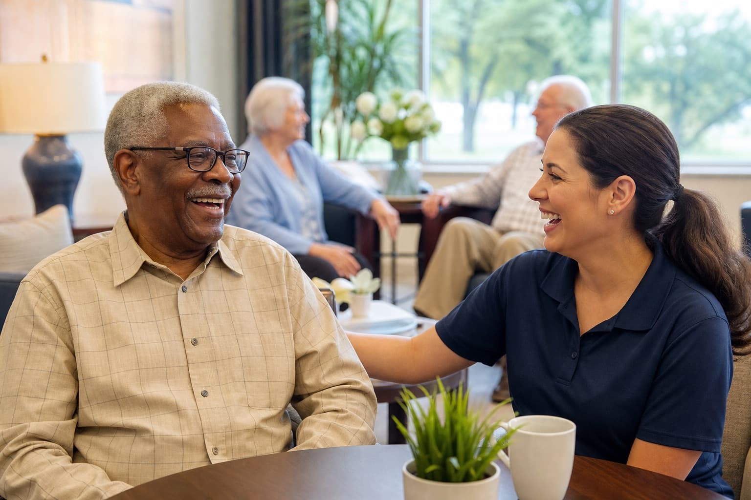 Caregiver and senior resident talking together in a bright independent living community
