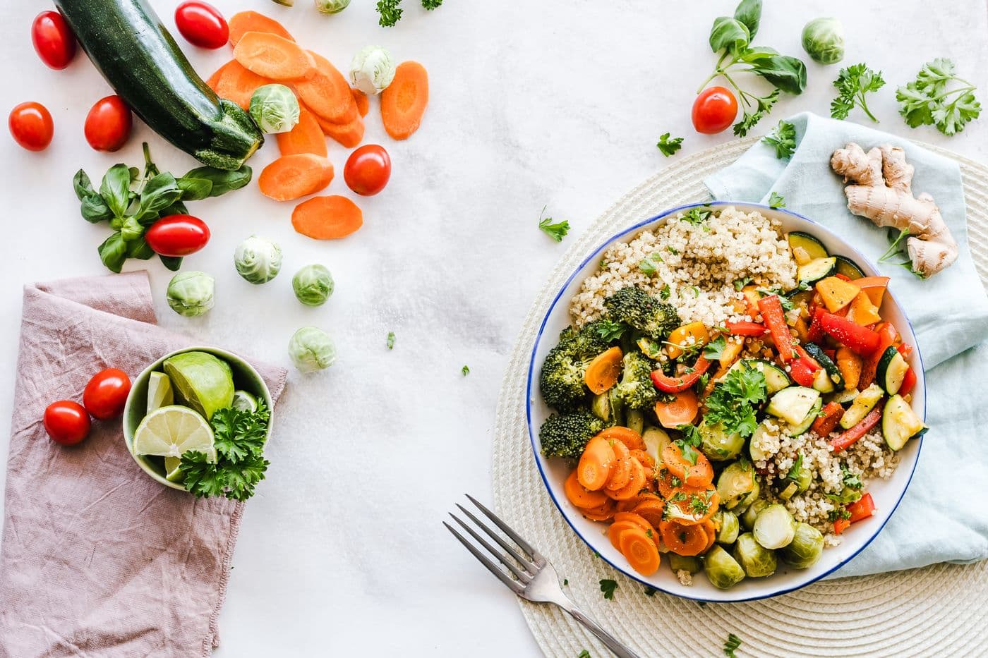 Colorful healthy grain and vegetable bowl with fresh produce
