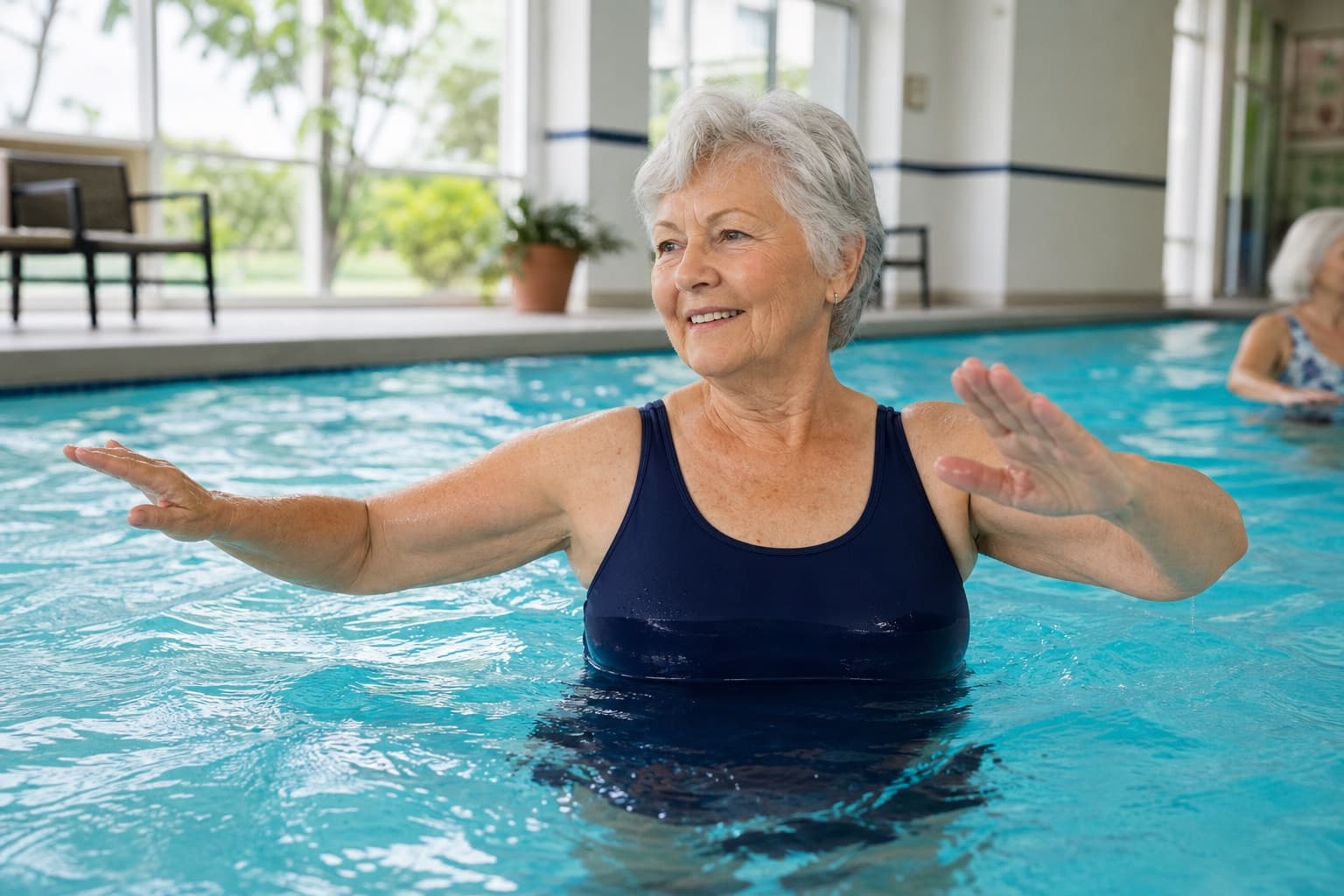 Senior woman doing gentle water exercise in a community swimming pool