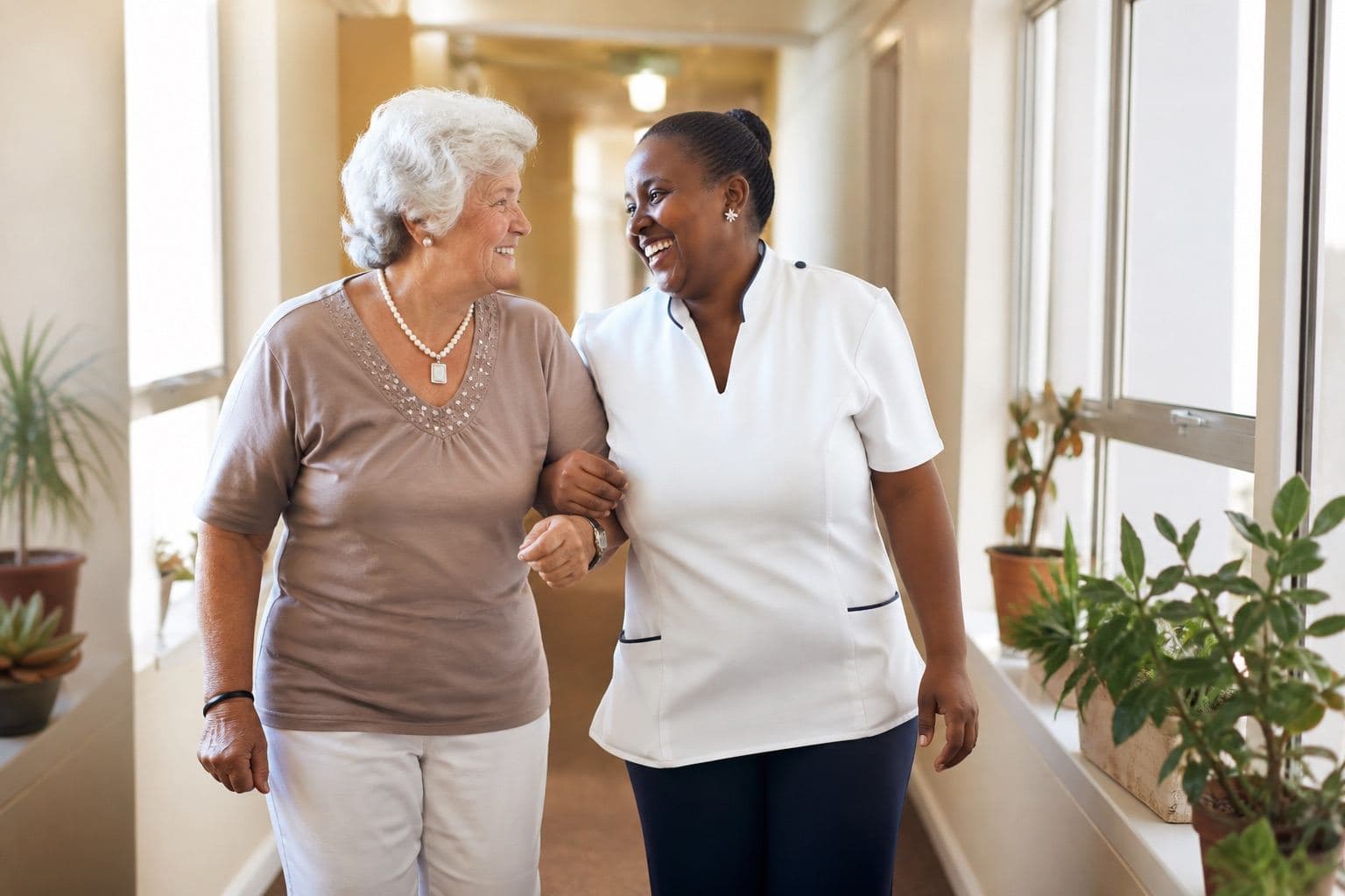 Senior woman walking arm-in-arm with a caregiver in a bright independent living community