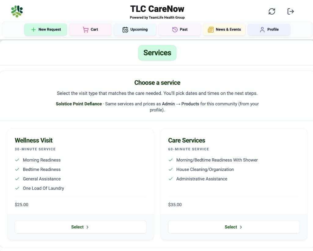 TLC CareNow services screen showing wellness and care service options