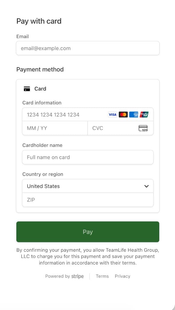 TLC CareNow secure card checkout screen powered by Stripe