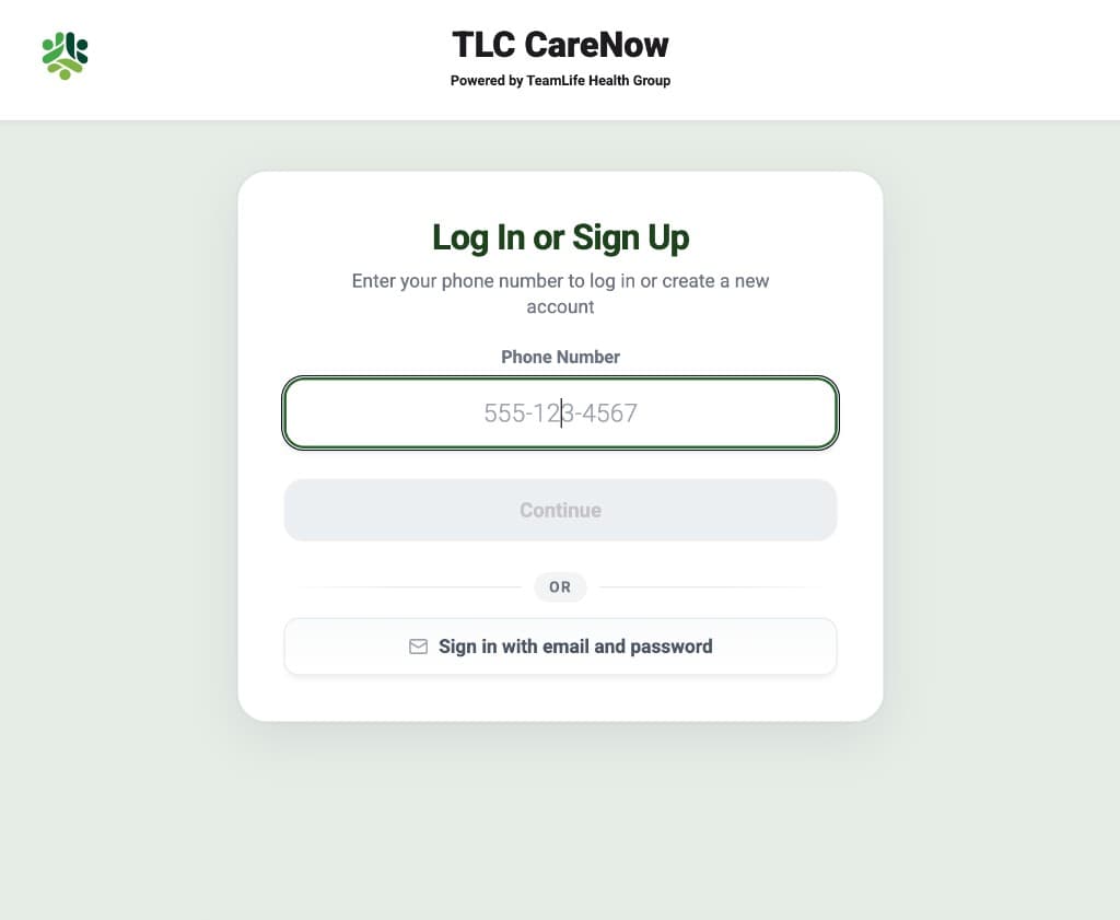 TLC CareNow sign-in screen showing phone number login