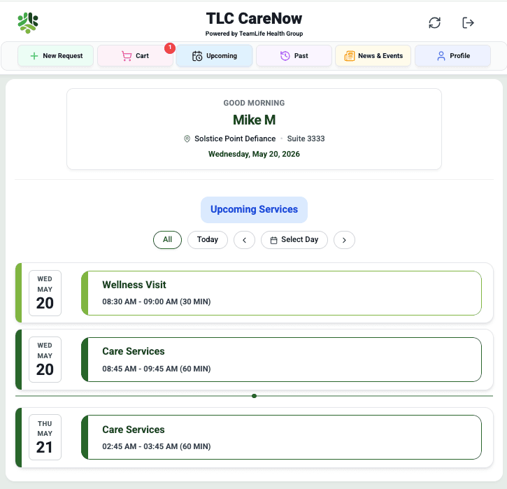 TLC CareNow home screen showing upcoming services and visit schedule